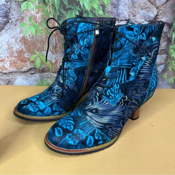 CY Blue Leather and TextilePeacock Feather Lace-Up Cuban Heel Boots, 41/10 - Picture 13 of 13